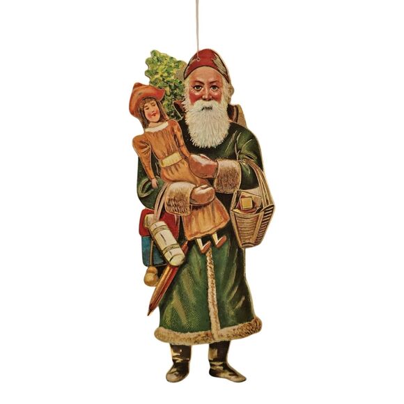 Original Victorian 14.5" Die-Cut Green Robe Santa Claus St Nick Father Christmas - Picture 9 of 10